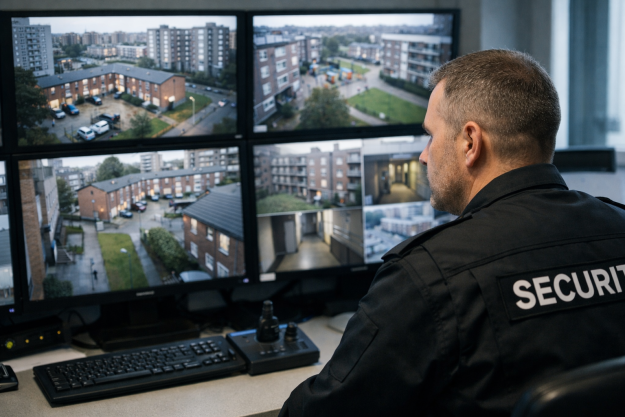 Security officer monitoring CCTV screens showing a council housing estate in a public sector control room.